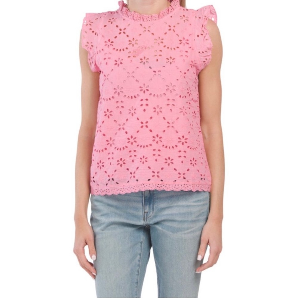 Jennifer and Grace Pink Eyelet Flutter Sleeve Blouse - Large NWT